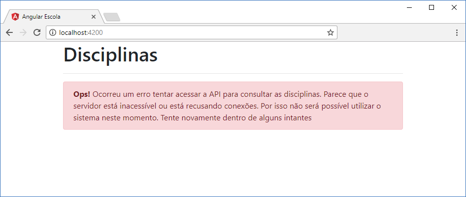 Execução do software no browser demonstrando mensagem de erro de conexão com a API HTTP REST