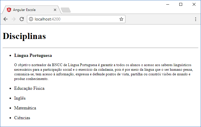 Execução do software no browser, listando disciplinas e interagindo com o usuário